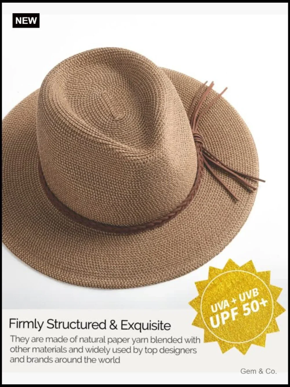 Wide Brim Straw Sun Hat UPF 80+ Packable Fedora Panama